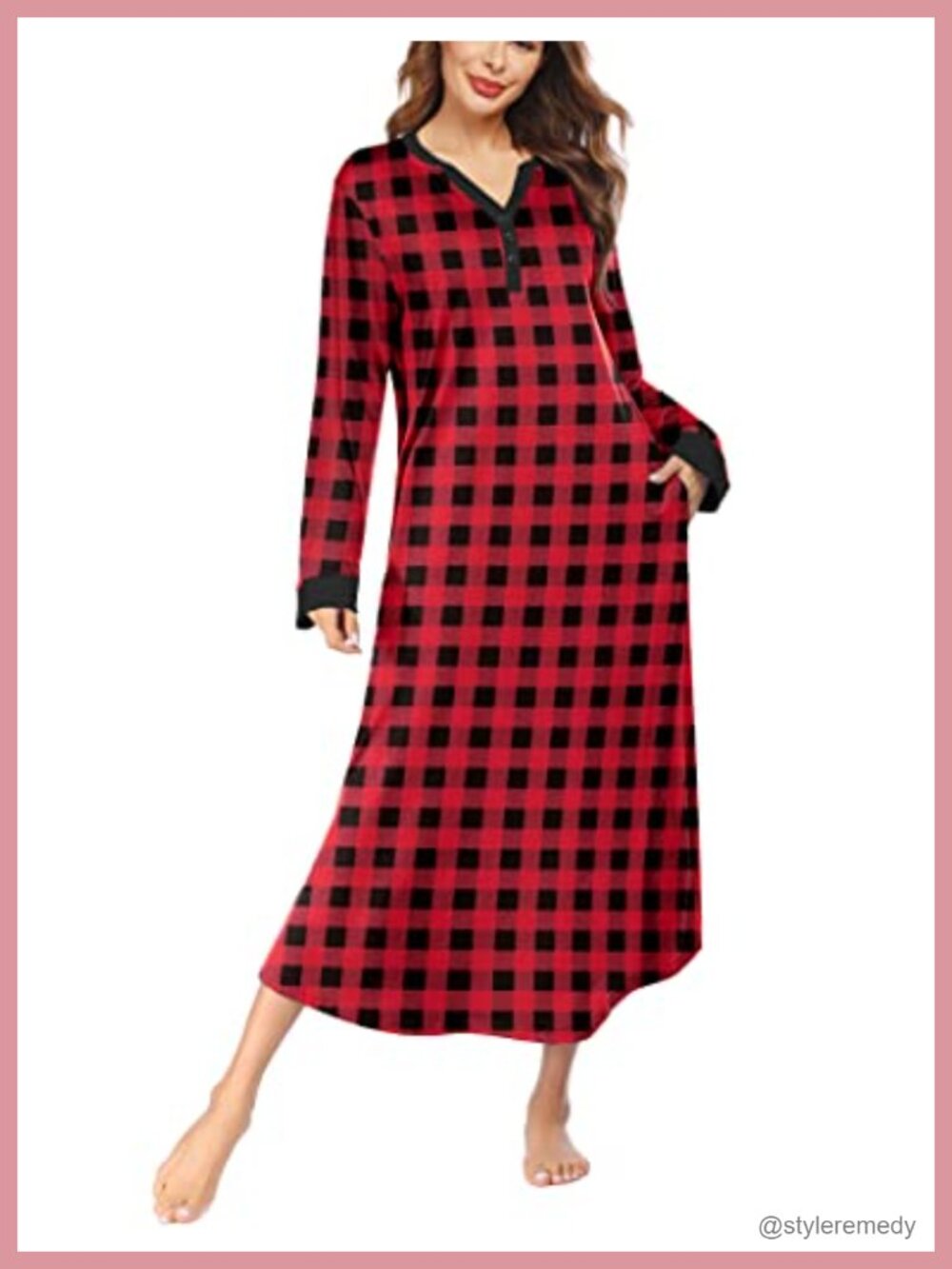 Ekouaer Women's Long Sleeve V-Neck Nightgown with Pockets